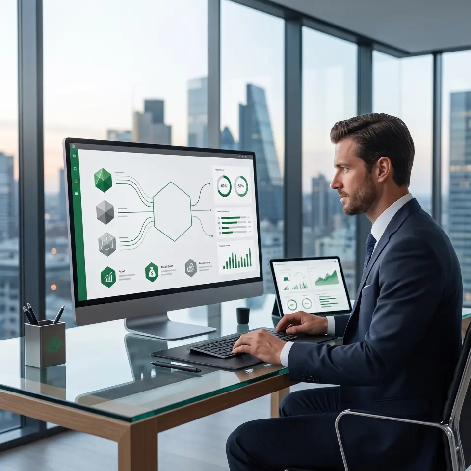 A wealth adviser analysing portfolio allocations on a large display.