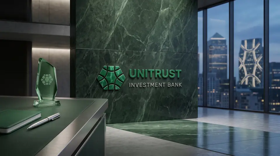 The UNITRUST logo on a green marble wall in the bank's reception.