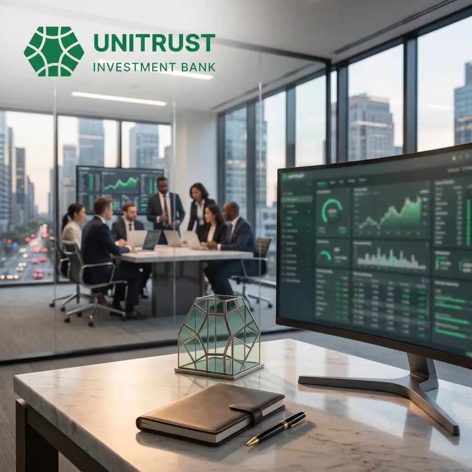 A UNITRUST team meeting in a glass-walled office, with a live portfolio dashboard on a monitor in the foreground.